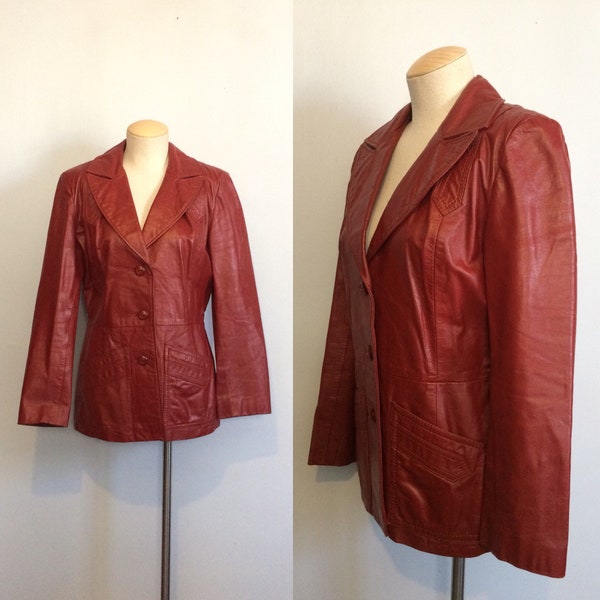 Vintage 70s Red Leather Jacket / Boho Hippie Coat / Medium
