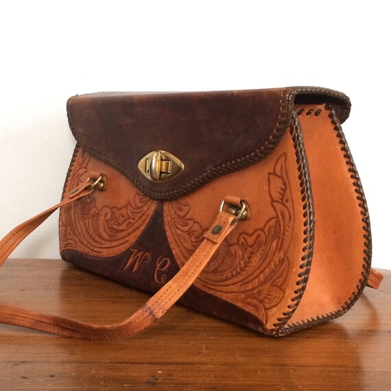 Vintage 70s Tooled Leather Purse / Hippie Boho Le… - image 4