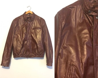 Vintage 80s Burgundy Leather Racer Jacket / Oxblood Bermans Cafe Jacket / Size 42