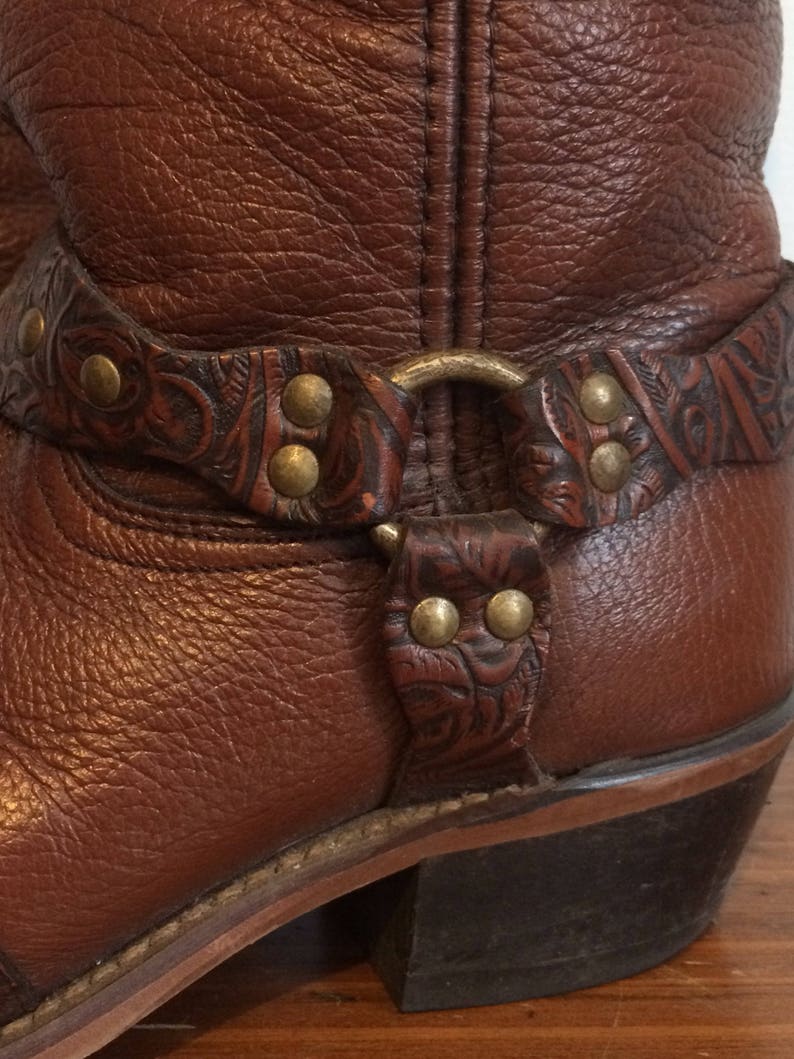 Vintage 80s Western Harness Boots / Tooled Brown Leather Etsy