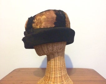 Vintage 60s Feather Hat / Pillbox Black Brown Mid Century Hat / Ladies Dress Hat