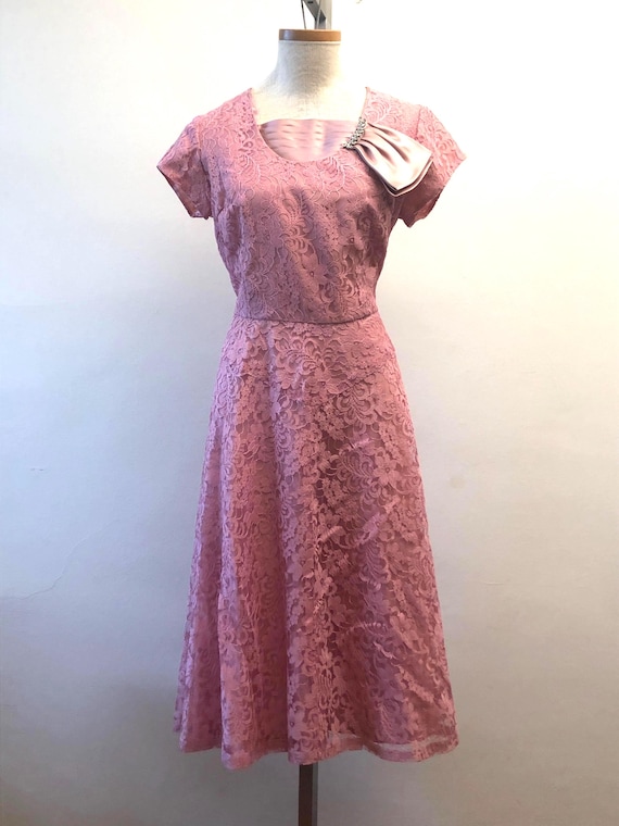 Vintage 50s 60s Pink Lace Party Dress / Plus Size Fit & Flare Dress / Mid Century Cocktail / Large