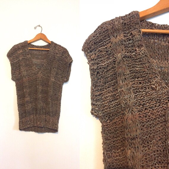 Vintage 70s Brown Woven Leather Top / Hippie Boho… - image 1