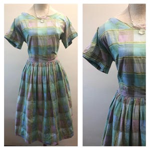 Vintage 50s 60s blue plaid day dress / Mid century blue dress / Blue purple plaid mod dress