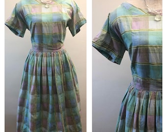 Vintage 50er 60er blau kariertes Tageskleid / Mid century Mod