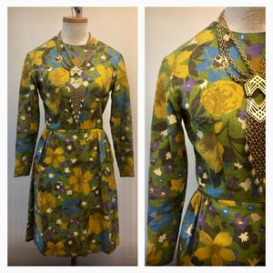 Vintage 60s green yellow floral dress / 1960s barkcloth dress / 60s pencil dress