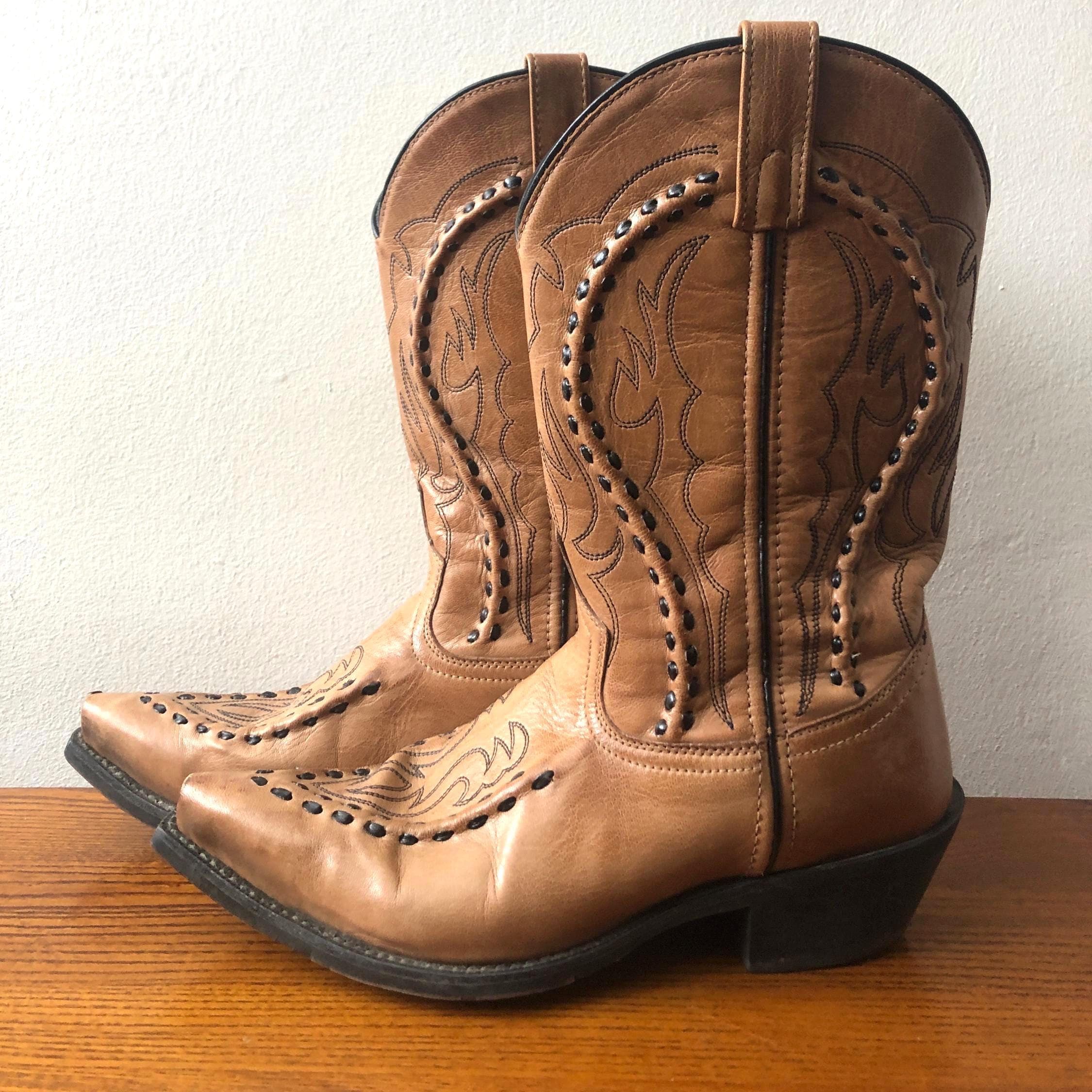 Vintage 80s Laredo Tan Leather Cowboy Boots, Tooled Detail  display picture 2