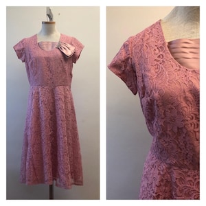 Vintage 50s 60s Pink Lace Party Dress / Plus Size Pink Fit & Flare Dress / Mid Century Cocktail Dress / Large Vintage Dress