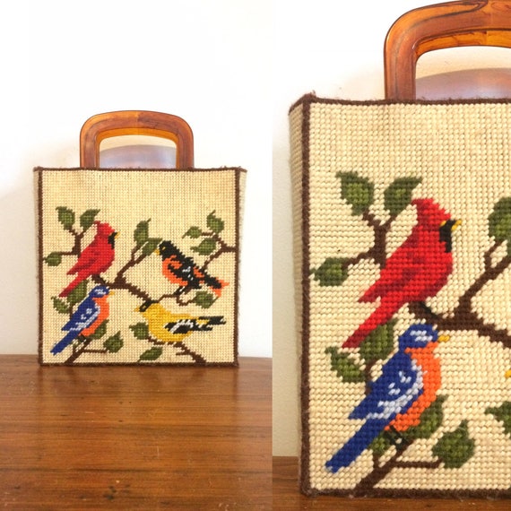 Vintage 60s Needlepoint Bird Purse / Embroidered T