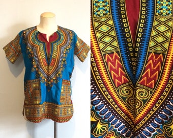 Vintage 60s 70s Hippie Caftan Shirt / Dashiki Festival Tunic Top / Boho Kaftan / Small or Medium