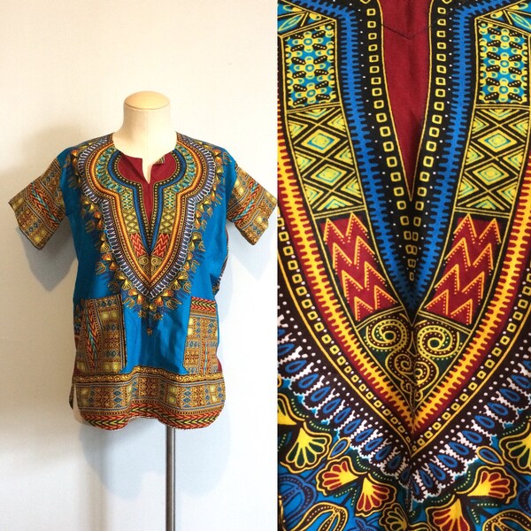 Vintage 60s 70s Hippie Caftan Shirt / Dashiki Festival Tunic Top / Boho Kaftan / Small or Medium