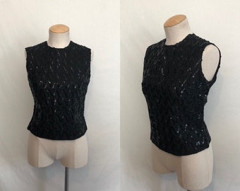 Vintage 50s 60s Black Beaded Sequin Top / Chevron Sparkle Sequined Disco Tank / Mid Century Glam Evening Blouse