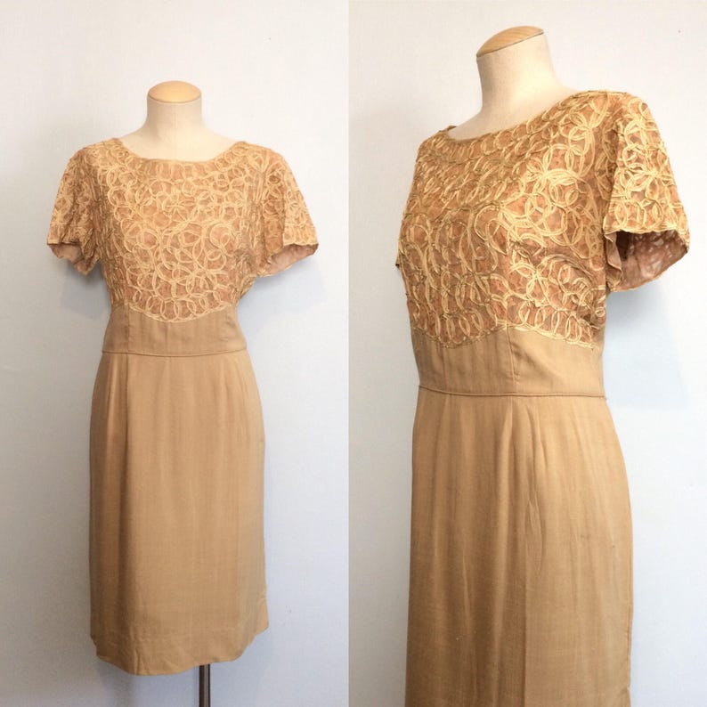 Vintage 60s Crochet Ribbon and Linen Wiggle Dress Pin Up Tan Woven Dress Plus Size Mid Century Cocktail Dress Large