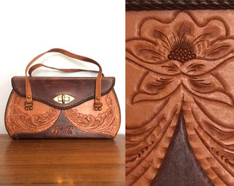 Vintage 70s Tooled Leather Purse / Hippie Boho Leather Handbag