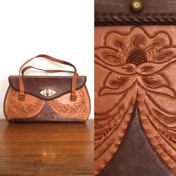 Vintage 70s Tooled Leather Purse / Hippie Boho Le… - image 1