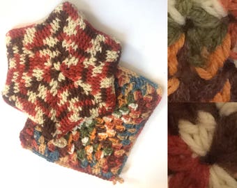 Vintage 70s Crochet Potholders / Set Of 2 Earth Tone Hippie Hot Pads /  Autumn Handmade Potholders / Bohemian Baker Gift