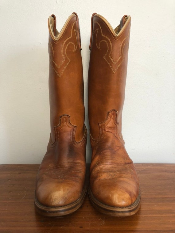 vintage 80s Lagrange Square Toe Distressed Cowboy LEATHER Boots STUDDED DESIGNS sz 10 mens