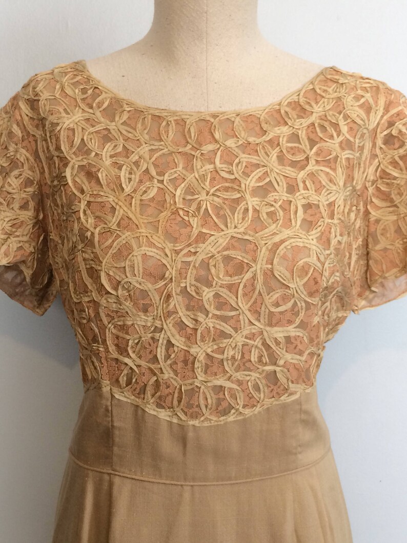 Vintage 60s Crochet Ribbon and Linen Wiggle Dress Pin Up Tan Woven Dress Plus Size Mid Century Cocktail Dress Large