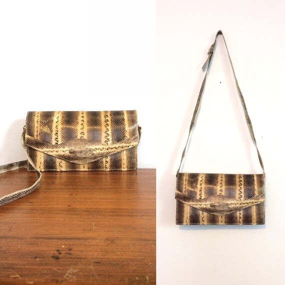 Vintage 70s Snakeskin Purse / Cream Black Reptile… - image 1