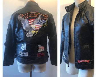 Vintage 90s black leather motorcycle jacket / racer biker moto coat with patches