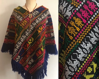 Vintage 70s Ethnic Woven Poncho / Hippie Festival Fringe Cape / Boho Tribal Southwestern Poncho