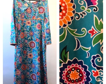 Vintage 60s 70s Floral Maxi Dress with Bell Sleeves / Turquoise Blue Flowers Caftan