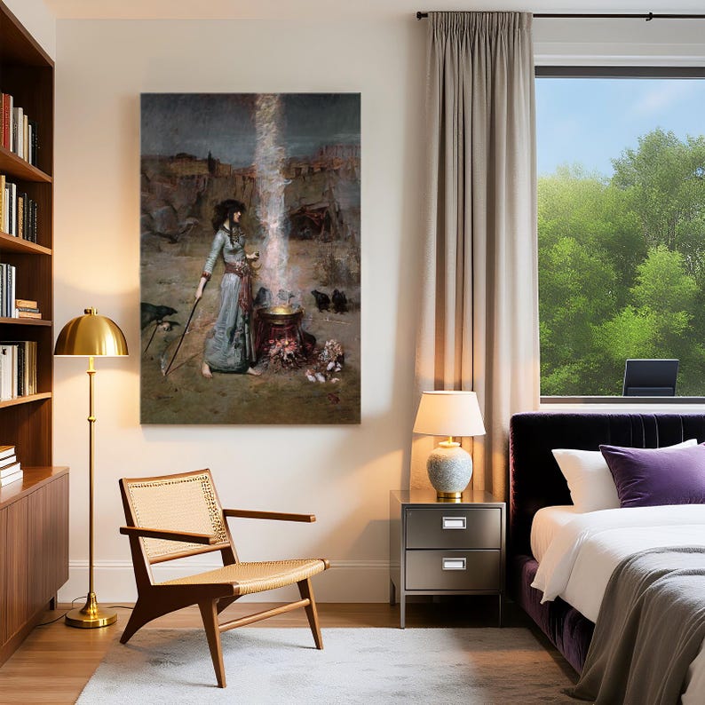 May include: A framed print of a classical painting depicting a woman in a long dress standing near a cauldron with a bright light emanating from it. The artwork is displayed in a well-lit room with a modern aesthetic.