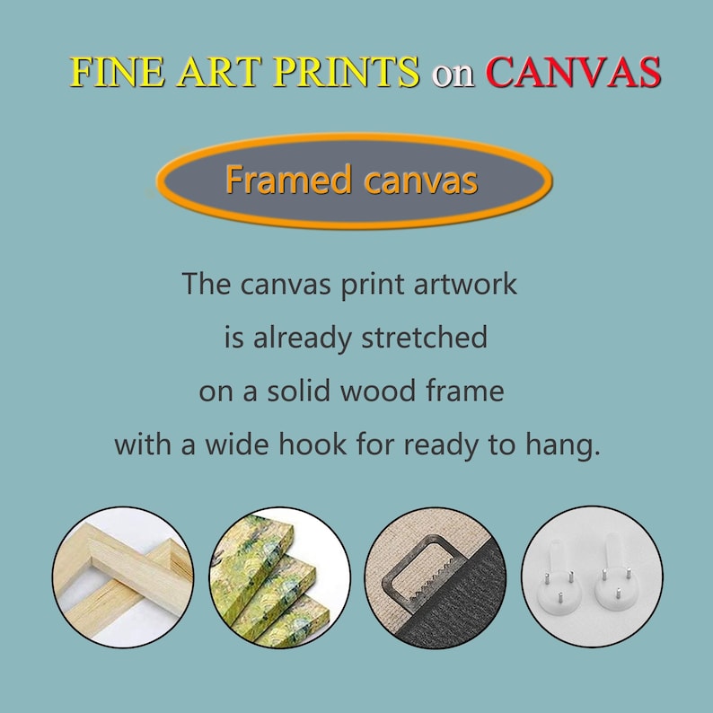 May include: Image promoting framed canvas art prints. Text reads "FINE ART PRINTS on CANVAS" and "Framed canvas." The canvas print artwork is stretched on a solid wood frame with a wide hook for ready to hang. Includes close-up images of the frame, canvas, and hanging hardware.