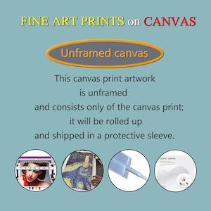 May include: Text on a teal background reads "FINE ART PRINTS on CANVAS" and "Unframed canvas." The text explains the canvas print artwork is unframed, rolled up, and shipped in a protective sleeve. Includes images of the printing process and cotton canvas.