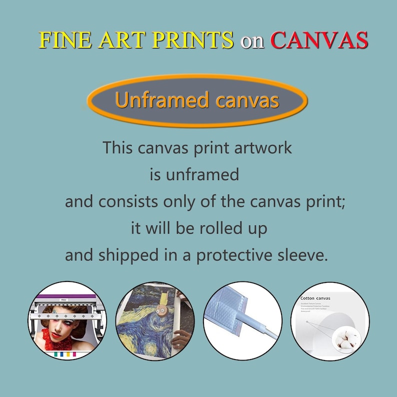 May include: Text on a teal background reads "FINE ART PRINTS on CANVAS" and "Unframed canvas." The text explains the canvas print artwork is unframed, rolled up, and shipped in a protective sleeve. Includes images of the printing process and cotton canvas.