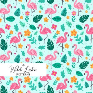 May include: A repeating pattern featuring pink flamingos, green leaves, and orange and pink flowers on a light blue background. The text "Wild Lake Patterns" is displayed in a white rectangle.