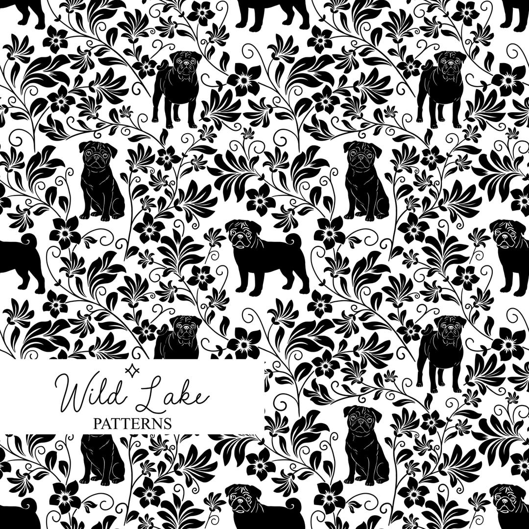 Pug Silhouette Floral Seamless Pattern Digital Download | Cute Dog ...