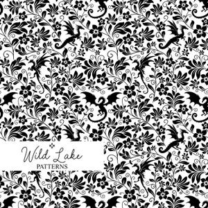 May include: Black and white floral pattern featuring stylized dragons and flowers. The design includes swirling vines and leaves, creating a gothic or fantasy aesthetic. The text "Wild Lake PATTERNS" is displayed in a white rectangle.