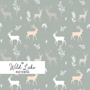 May include: A repeating pattern featuring deer silhouettes in white, beige, and gray, along with white leaf and floral elements, on a muted green background. The text "Wild Lake PATTERNS" is displayed in a white rectangle.