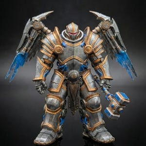 Peut inclure: Figurine détaillée d'un guerrier en armure argentée, dorée et bleue, avec des ailes et un marteau. La figurine est posée sur une surface réfléchissante, mettant en valeur le design et le savoir-faire complexes. Le thème général est la fantaisie.