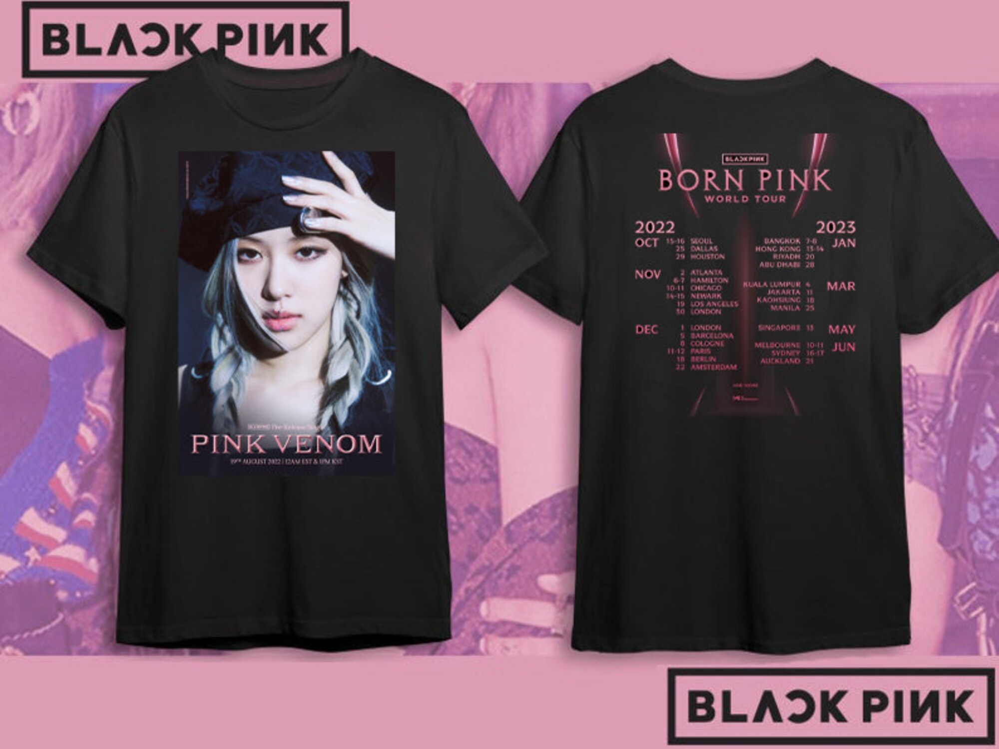 Discover Camiseta de Doble Cara Rosé Black Pink Born Pink World Tour 2022 2023 Álbum Pink Venom para Hombre Mujer