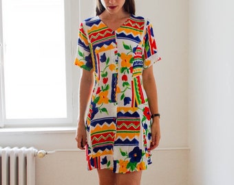 Vintage 90s Primary Pansy multicolour print dress size S