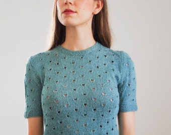 Vintage 90s teal pointelle hand knit top size S