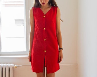 Vintage 80s red cotton shift dress with gold buttons petite S