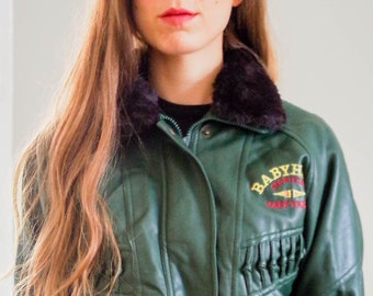 vintage 80s forest green leather crop bomber jacket size S