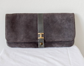 Vintage 1980s grey suede clutch with gold tone detailing