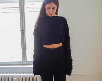 Vintage 80s black cropped rose knit bell sleeve sweater