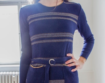 Vintage 70s navy knit sweater with belt and lurex detailing