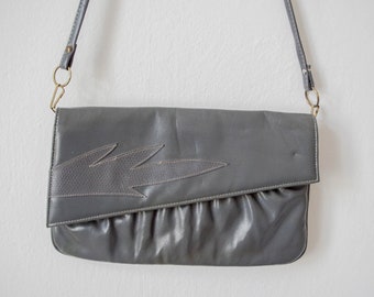 Vintage 80s leather slate grey clutch purse with strap