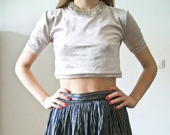 Vintage 80s  silver velour crop top size XS