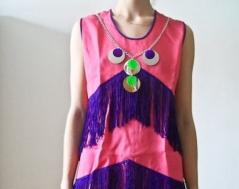 Vintage 70s 'Neon Fringe" pink mod  shift dress with purple fringe size S M