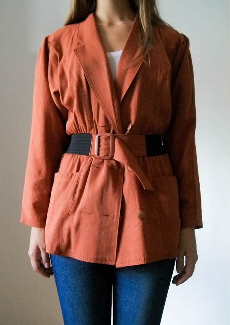 SALE Vintage 80s rust lighweight double breasted belted blazer jacket size S M image 2