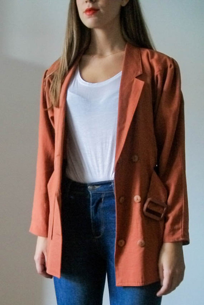 SALE Vintage 80s rust lighweight double breasted belted blazer jacket size S M image 4