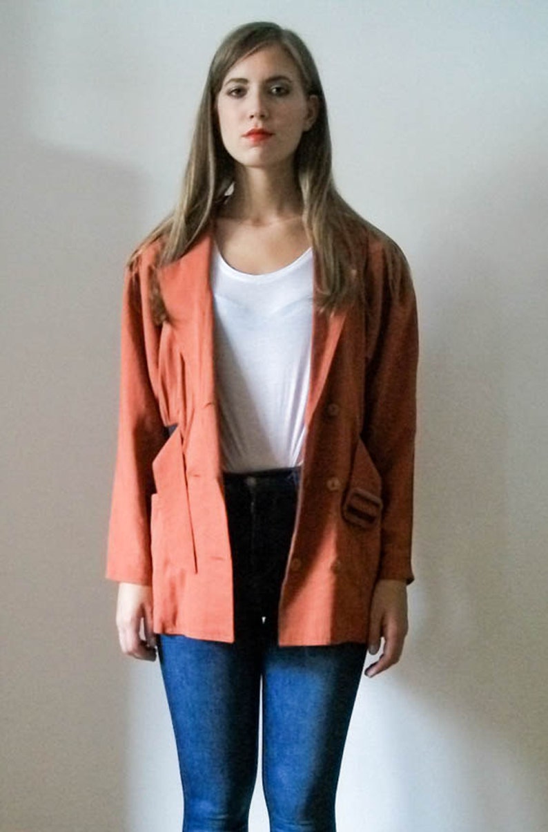 SALE Vintage 80s rust lighweight double breasted belted blazer jacket size S M image 3