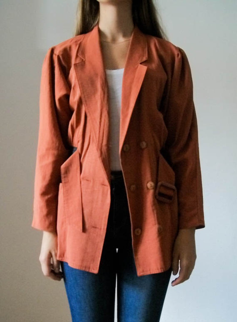 SALE Vintage 80s rust lighweight double breasted belted blazer jacket size S M image 1